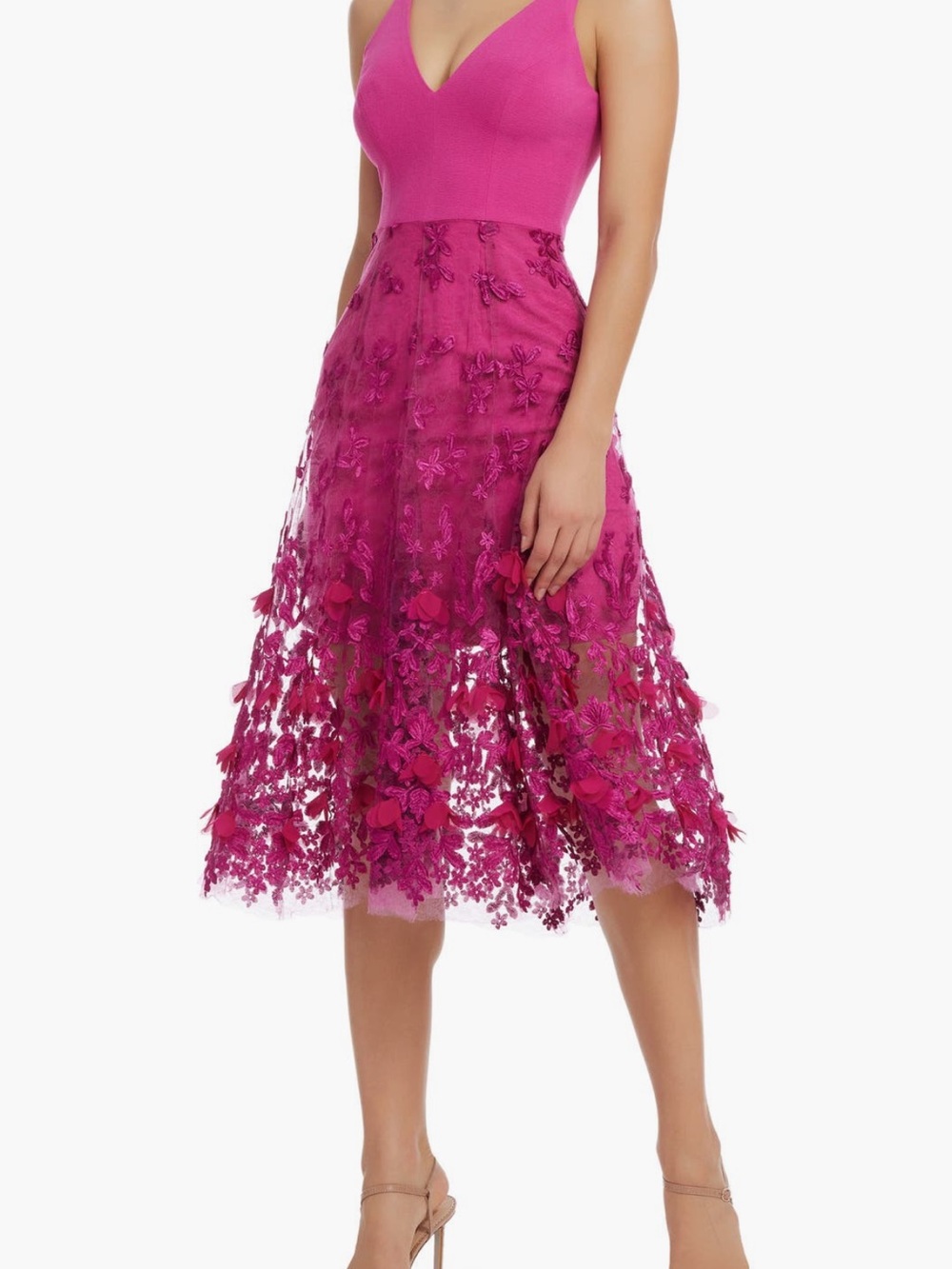 Dress the Population Fuchsia V-Neck Midi Dress with 3D Floral Lace